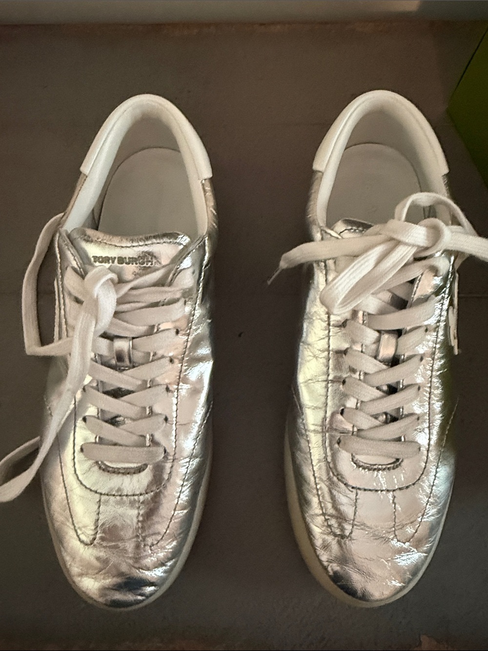 Tory Burch Silver Metallic Leather Lace-Up Sneakers